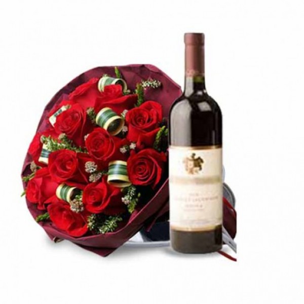 12 Red Roses with Bottle of Red Wine